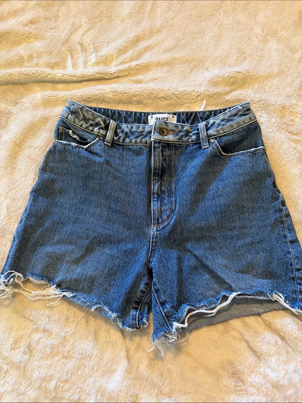 PAIGE Dark Blue High-Rise Frayed Hem Denim Shorts